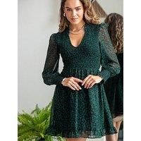 Pour Moi Izzy Shirred Bodice Long Sleeve Chiffon Dress