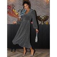 Pour Moi Emily Sparkle V-Neck Tie Waist Midi Dress - Silver