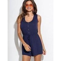 Pour Moi Button Front Stretch Jersey Beach Playsuit - Dark Blue