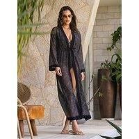Pour Moi Flare Sleeve Chiffon Maxi Beach Kimono - Black/Gold