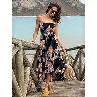 Pour Moi Strapless Asymmetric Tiered Woven Maxi Dress - Black/Multi