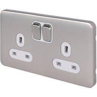 Schneider Electric Lisse Deco 13A 2-Gang DP Switched Plug Socket Brushed Stainless Steel with White Inserts (909FF)
