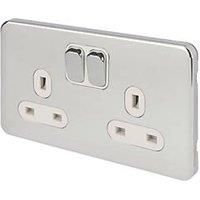Schneider Electric Lisse Deco 13A 2-Gang DP Switched Plug Socket Polished Chrome with White Inserts (646FF)