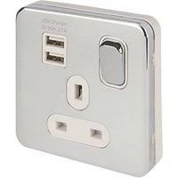 Schneider Electric Lisse Deco 13A 1-Gang SP Switched Socket + 2.1A 2-Outlet Type A USB Charger Polished Chrome with White Inserts (576FF)