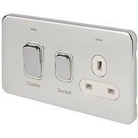 Schneider Electric Lisse Deco 45A 2-Gang DP Cooker Switch & 13A DP Switched Socket Polished Chrome with LED with White Inserts (997FF)