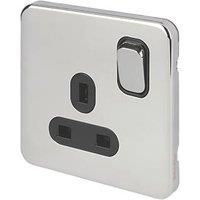 Schneider Electric Lisse Deco 13A 1-Gang SP Switched Plug Socket Polished Chrome with Black Inserts (494FF)