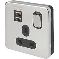 Schneider Electric Lisse Deco 13A 1-Gang SP Switched Socket + 2.1A 2-Outlet Type A USB Charger Polished Chrome with Black Inserts (175FF)