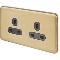 Schneider Electric Lisse Deco 13A 2-Gang Unswitched Plug Socket Satin Brass with Black Inserts (413FF)