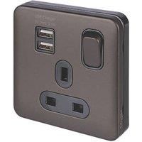 Schneider Electric Lisse Deco 13A 1-Gang SP Switched Socket + 2.1A 2-Outlet Type A USB Charger Mocha Bronze with Black Inserts (681FF)