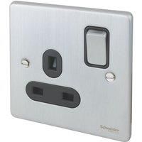 Schneider Electric Ultimate Low Profile 13A 1-Gang SP Switched Plug Socket Brushed Chrome with Black Inserts (2375J)