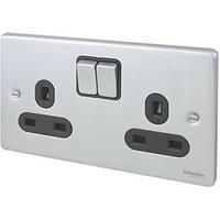 Schneider Electric Ultimate Low Profile 13A 2-Gang SP Switched Plug Socket Brushed Chrome with Black Inserts (4276J)