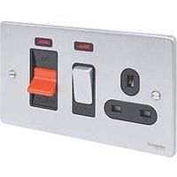 Schneider Electric Ultimate Low Profile 45A 2-Gang DP Cooker Switch & 13A DP Switched Socket Brushed Chrome with Neon with Black Inserts (1060J)