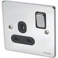 Schneider Electric Ultimate Low Profile 13A 1-Gang SP Switched Plug Socket Polished Chrome with Black Inserts (3957J)
