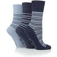 Ladies 3 Pair Gentle Grip Cotton Patterned and Striped Socks Varied Stripe Navy / Denim 4-8 Ladies