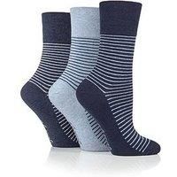Ladies 3 Pair Gentle Grip Cotton Patterned and Striped Socks Fine Stripe Navy / Denim 4-8 Ladies
