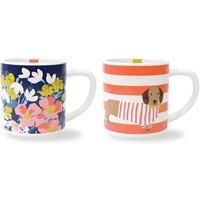 Joules Bright Side Set of 2 Stackable Ceramic Mugs for Tea or Coffee Featuring Floral and Sausage Dog Designs