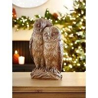 Festive 20 Cm Carved Wood Effect Owls Christmas Decoration