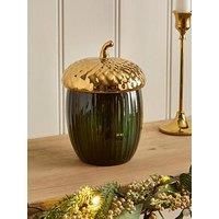 Festive 15 Cm Dolomite Dark Green Acorn Lidded Pot Christmas Decoration