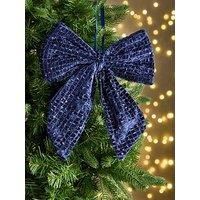 Festive Set Of 3 20Cm Hanging Blue Fabric Bow
