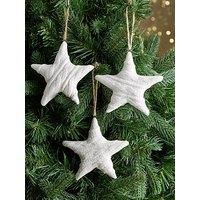 Festive Set Of 3 Hanging Porcelain White Knit Star Christmas Tree Decorations