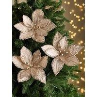 Festive Set Of 3 Champagne Gold Poinsettia With Sequins Christmas Tree Picks