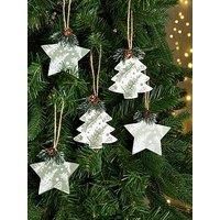 Festive Set Of 12 Wooden Star And Tree Shaped Hanging Christmas Decorations