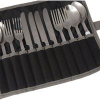 Camping Cutlery Set 12 piece Stainless Steel in Black Seal Grey soft roll pack