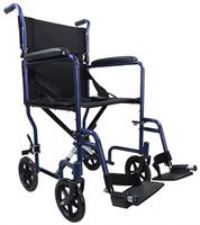 Aidapt Compact, Lightweight Folding Steel Transit Wheelchair with SOLID WHEELS. Lap Strap included, Padded PVC Armrests, Detachable Swing Away Footrests, Deluxe Padded Nylon Upholstery. 19" SEAT WIDTH Available in a range of colours. Carry Bag availa