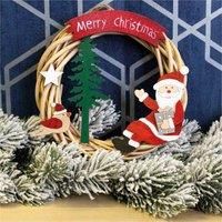 Battery Powered Wicker Christmas Wreath with Father Christmas Design - Tree Decs