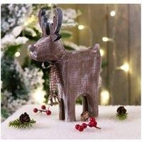 Wooden Reindeer Decoration - With Brown Check Collar and Bells - distressed finish gives it a rustic yet on trend look