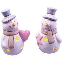 Home Festive Xmas Christmas Ceramic Light Up Snowmen Light Up Ornament  - Pair