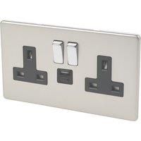 Varilight 13A 2-Gang 1P+N Switched Socket + 4A 20W 2-Outlet Type A & C USB Charger Satin Chrome with Black Inserts (743YT)