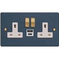 Varilight 13A 2-Gang 1P+N Switched Socket + 4A 20W 2-Outlet Type A & C USB Charger Midnight Blue with White Inserts (218YT)