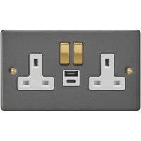 Varilight 13A 2-Gang 1P+N Switched Socket + 4A 20W 2-Outlet Type A & C USB Charger Graphite Grey with White Inserts (498YT)