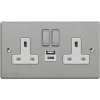 Varilight 13A 2-Gang 1P+N Switched Socket + 4A 20W 2-Outlet Type A & C USB Charger Brushed Steel with White Inserts (783YT)