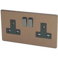 Varilight Flat Plate Screwless Brushed Bronze 2 Gang 13 Amp Switched Plug Socket