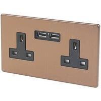 Varilight Flat Plate Screwless Brushed Bronze 2 Gang 13 Amp Unswitched Socket + 2 x 5V DC 2100mA USB Charging Ports