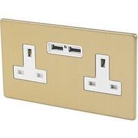 XDB5U2WS Varilight 2 Gang, 13 Amp Unswitched Socket with 2 Optimised USB Charging Ports, White Insert. Dimension Screwless Brushed Brass Effect