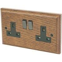 Varilight 13AX 2-Gang DP Switched Plug Socket Medium Oak with Black Inserts (1928H)