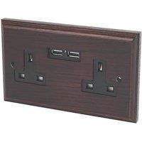 Varilight 13AX 2-Gang Unswitched Socket + 2.1A 2-Outlet Type A USB Charger Dark Oak with Black Inserts (7900H)