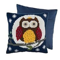 Trimits Cross Stitch Cushion Kit, Cushion Back Included, Pre Printed Canvas, Yarn and Needle Included 40 x 40cm (15.75 x 15.75in), Night Owl