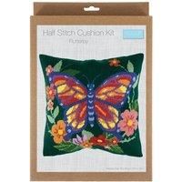 Trimits Half Stitch Cross Stitch Cushion Kit, Cushion Back Included, Pre Printed Canvas, Yarn and Needle Included 40 x 40cm (15.75 x 15.75in), Flutterby