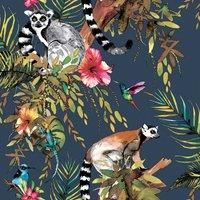 Holden Decor - Lemur Animal Rainforest Feature Wallpaper - Midnight Blue - 12403