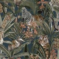 Safari Animal Fusion Wallpaper Holden 13012 - Navy Blue/Green/Multi - Giraffes, Elephants and Tigers