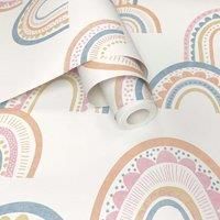 Boho Rainbow Wallpaper Blue/Orange 13282 Striped Scalloped Spotted Kids Playroom