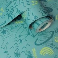 Holden Decor Doodle Teal Neon Yellow Wallpaper 13341 - Modern Hand Drawn Neon