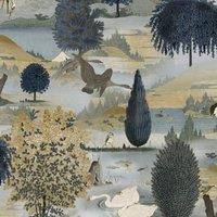 Holden Swan Lake Wallpaper Nature Trees Birds Feature Wall Navy / Ochre 13491