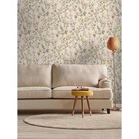 Floral Bird Trail Wallpaper Blue Cream Yellow Flower Leaves Natural Botanical