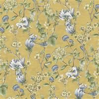 Floral Bird Trail Wallpaper Blue Cream Yellow Flower Leaves Natural Botanical