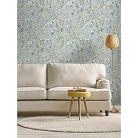 Floral Bird Trail Wallpaper Blue Cream Yellow Flower Leaves Natural Botanical